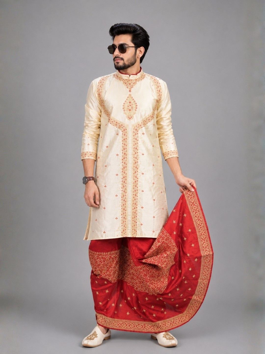 Gouri Collections Men's Luxury Jaffaran Silk Embroidered Kurta with Dupion Silk Printed Dhoti | Ethnic Wedding Dress for Men | Festivals & Wedding Outfit (711_16)